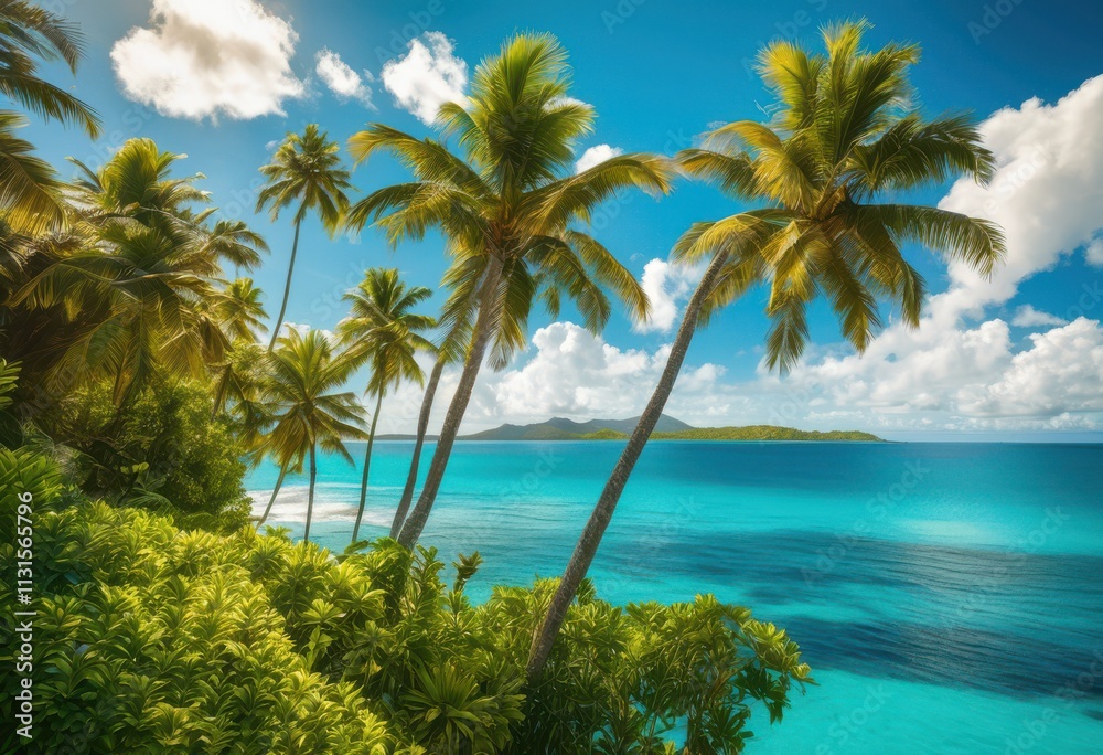 Fototapeta premium stunning collection vibrant palm trees framing lush tropical landscapes bright blue skies golden sunshine, green, foliage, sky, sunset, sunlight, nature