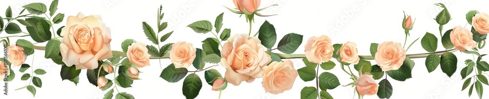 Naklejka premium Watercolor Illustration of a Horizontal Garland of Peach Roses and Greenery Symbolizing Elegance, Nature, and Floral Beauty. Isolated on white background. Banner