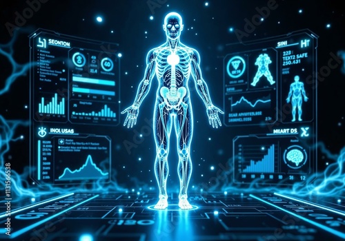 Futuristic medical interface displaying holographic human anatomy with health data and vital statistics