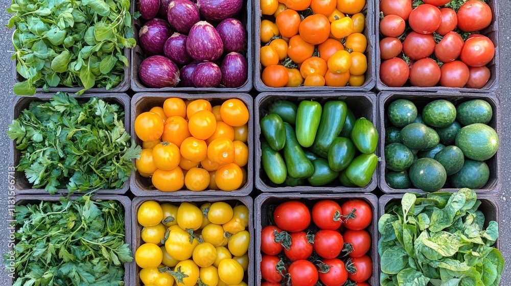 Colorful produce arranged neatly in crates. Colorful produce arranged neatly in crates.