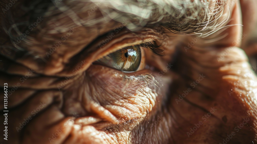 Naklejka premium Close up of an old man's grey eye showcasing detailed wrinkles. Concept of aging, human eye, senior, and facial features. Eye close-up, skin texture, elderly, human experience