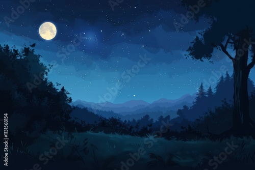 Nighttime Landscape with Full Moon, Stars, and Silhouetted Trees and Mountains photo