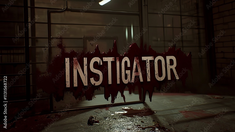 Naklejka premium A dark, gritty setting featuring the word 'INSTIGATOR' in blood-like texture, evoking a horror theme.