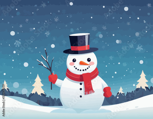 Merry christmas and happy new year greeting card with Cute snowman standing in winter christmas landscape snow falling