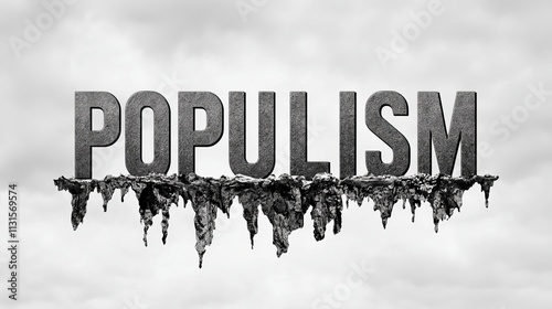 Conceptual representation of populism with dramatic text and a moody background.