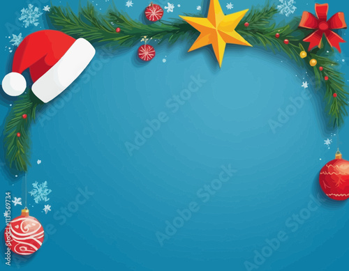 Merry Christmas sign banner frame with empty space and festive decoration on blue background