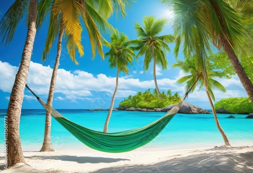 tropical beach paradise featuring lush hammocks under palm trees crystal clear waters soft white sand accentuating relaxing atmosphere, azure, bliss photo