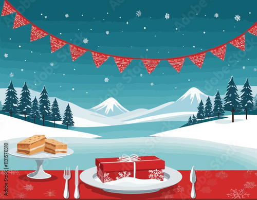 Merry Christmas banner winter landscape and red tablecloth product display with copy space and gift box decorate