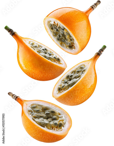 Four ripe, juicy granadillas floating on transparent background photo