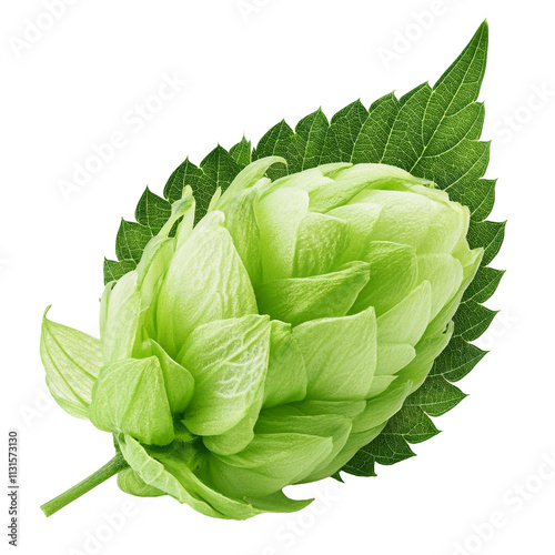 Fresh green hop cone with leaf on transparent background photo