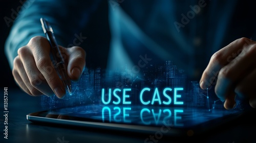 A close-up of a person's hand writing 'USE CASE' on a tablet with a futuristic city skyline in the background.