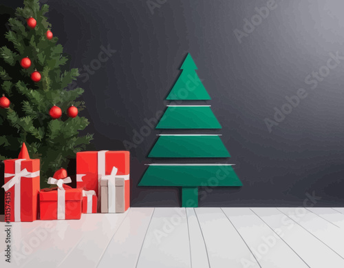 Merry Christmas banner studio table room product display with copy space and christmas tree abstract background