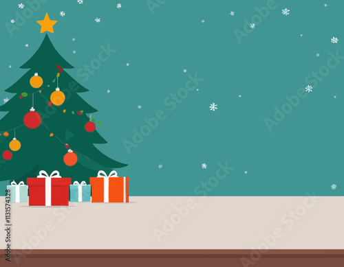 Merry Christmas banner studio table room product display with copy space and christmas tree abstract background
