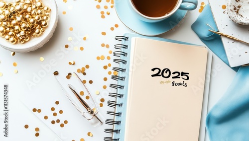 A cozy workspace features a detailed planner with todo lists, a steaming cup of coffee, and colorful confetti, symbolizing the importance of goal setting and selfimprovement for 2025 photo