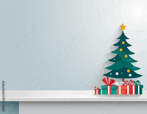 Merry Christmas banner studio table room product display with copy space and christmas tree abstract background