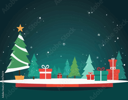 Merry Christmas banner studio table room product display with copy space and christmas tree abstract background