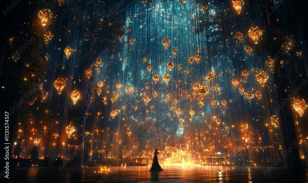 Fototapeta premium Enchanted forest, glowing lanterns, lone figure, magical scene.
