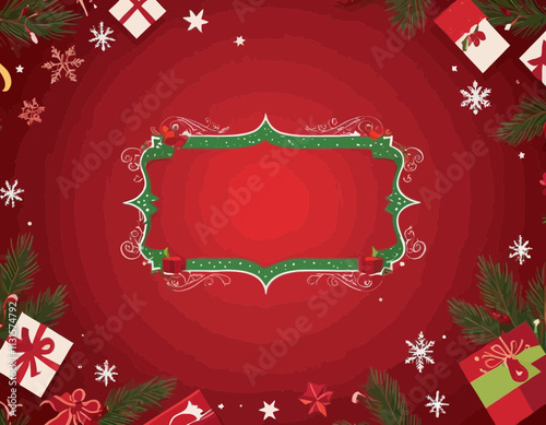 Christmas sign banner frame with empty space and festive decoration on red background