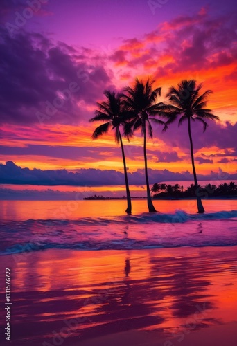 vibrant beach landscape featuring majestic palm trees silhouetted breathtaking sunset vivid colors tranquil shimmering waves, sky, water, cloud, sand