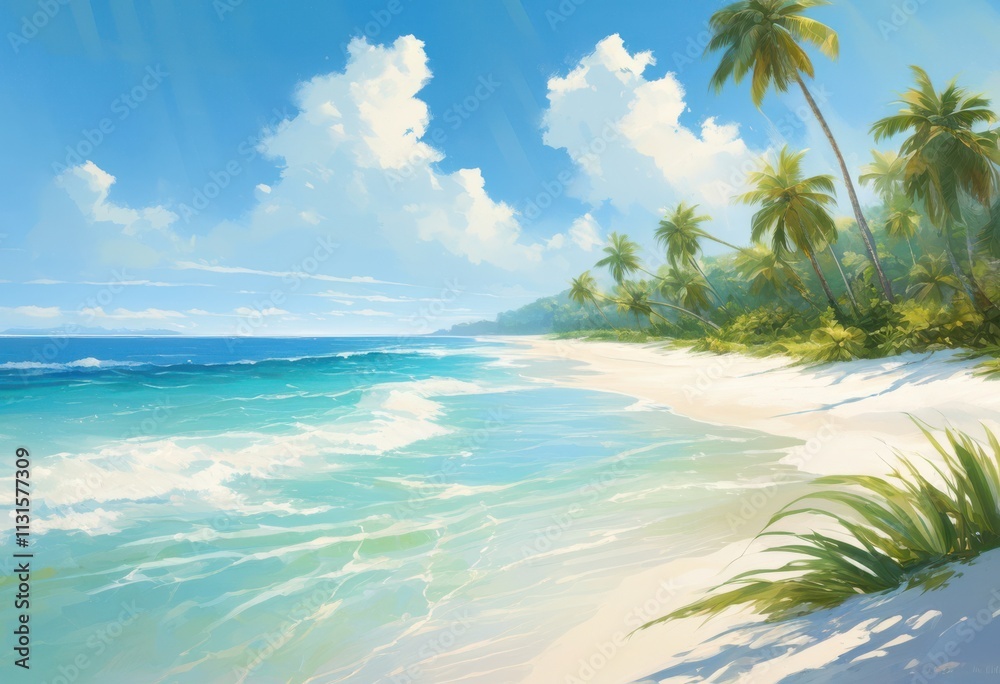 Fototapeta premium vibrant beach scene showcasing serene palm soft clear blue inviting warm sunshineperfect capturing tranquil seaside moments, ocean, waves, sand, trees