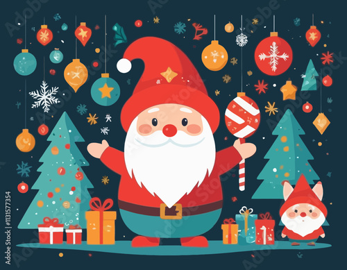 Merry Christmas banner with cute gnome and festive decoration for christmas