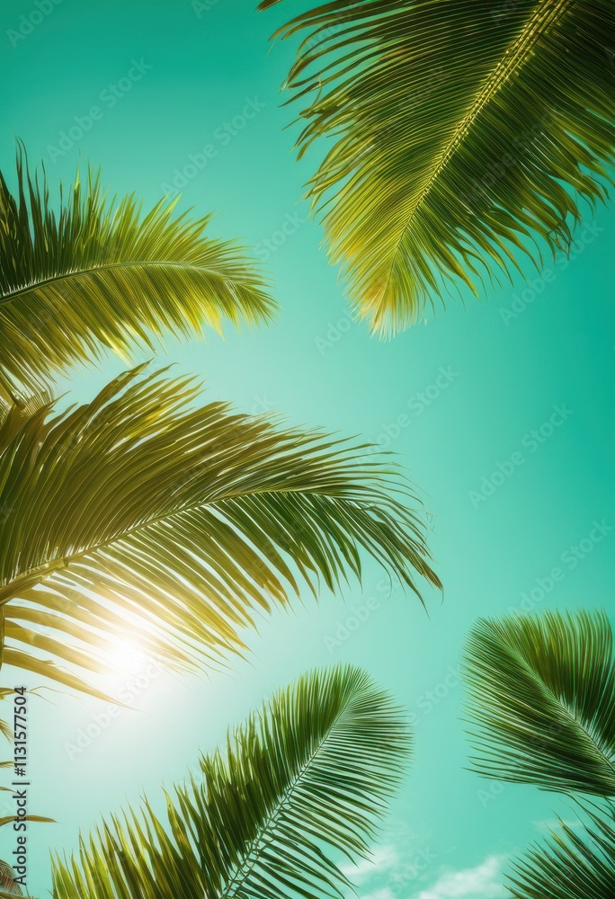 vibrant green palm leaves captivatingly contrasted bright clear sky backdrop, greenery, tropical, nature, foliage, sunlight, vacation, exotic, outdoors vibrant green palm leaves captivatingly contrasted bright clear sky backdrop, greenery, tropical, nature, foliage, sunlight, vacation, exotic, outdoors