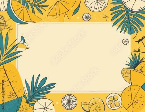 Summer banner tropical beach vibes yellow background with hand drawn summer icons and copy space