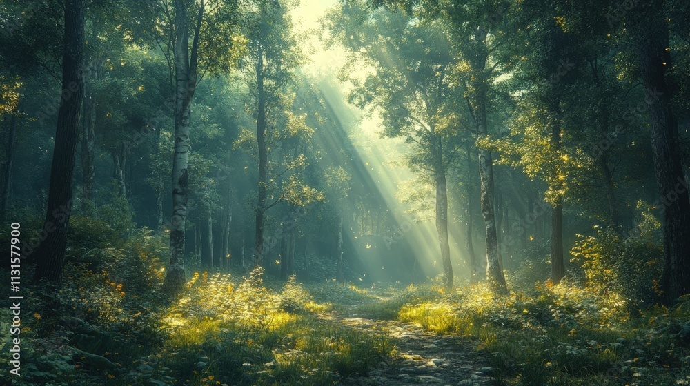 Sunlit forest path, magical, dreamy ambiance. Sunlit forest path, magical, dreamy ambiance.