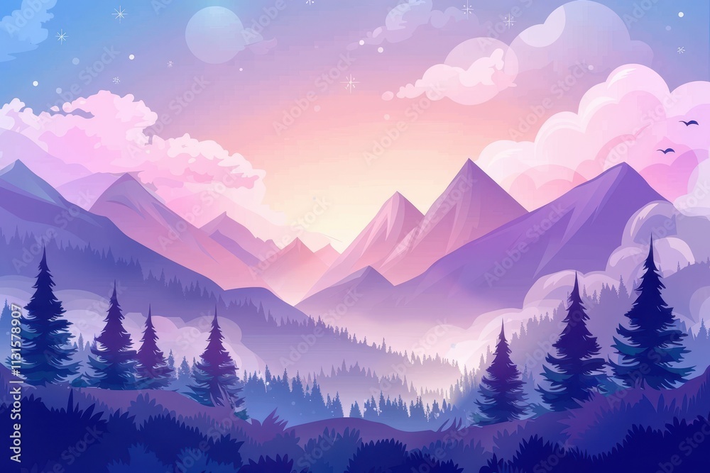 Obraz premium A Tranquil Mountain Landscape with a Purple Sky and Silhouetted Trees