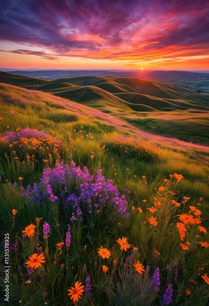 Obraz premium vibrant landscapes capturing breathtaking sunset vistas over serene skies rolling hills majestic colors, horizon, silhouette, reflection, sky, clouds