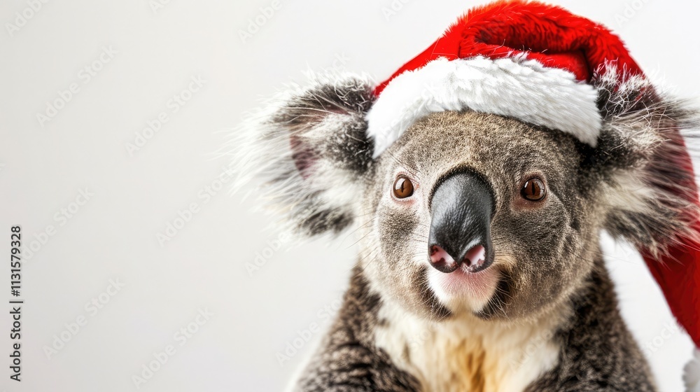 Obraz premium Merry Christmas xmas concept holiday vacation winter funny animal pet greeting card - Cool santa claus hat koala bear with santa hat, isolated on white background.