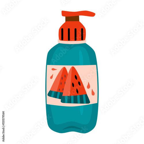 A cosmetic container bottle with watermelon illustration. Dispenser tube with pump.