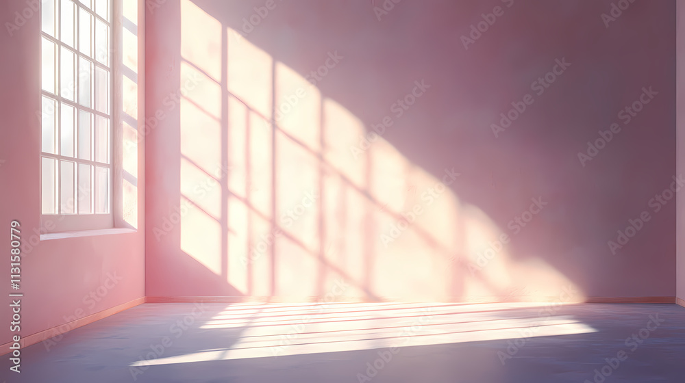 Obraz premium Pastel room with large window casting shadows on floor. Shadowplay. Illustration
