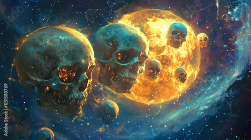 A cosmic scene featuring skulls orbiting a glowing planet, each representing different cultures and histories, linked by a web of stars.  photo