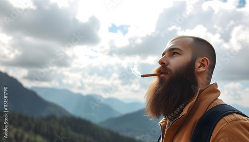 man with beard smoking cigarette at mountain, cloudy sky isolated with white highlights, png