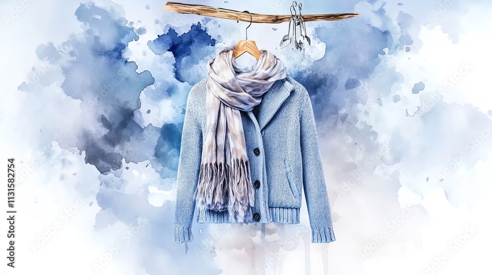 Fototapeta premium Cozy Minimalist Winter Fashion: Light Blue Coat & Scarf on Wooden Hanger - Perfect Poster for Trendy Interiors