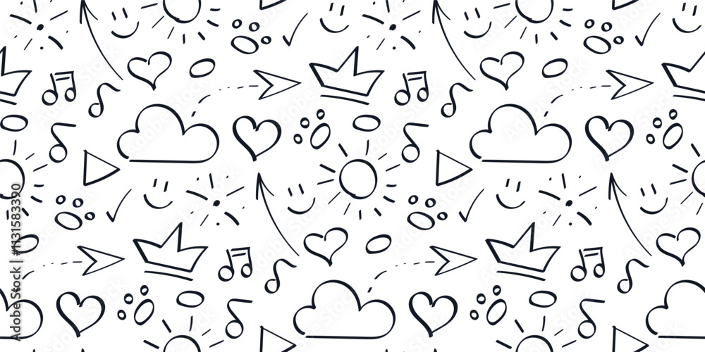 Fototapeta premium Doodle Pattern Outline funny Symbols weather, arrows and heart. Seamless Print of cheerful Signs - notes, paws. Contour Sun and Cloud. Hand drawn fireworks, Positive, joy, smile. Vector illustration