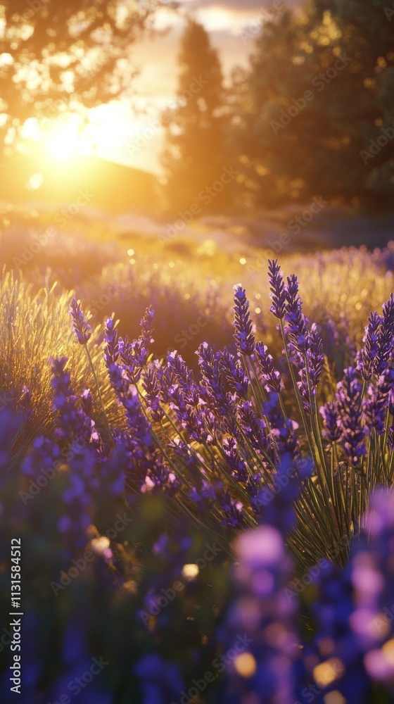 Obraz premium Lavender field at sunset with golden light illuminating blooming flowers