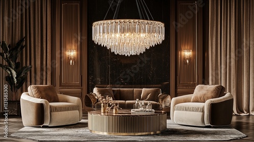 Luxurious living room with elegant chandelier and plush furniture.