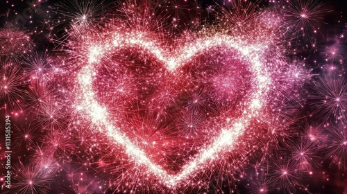 Heart shape made of sparkling pink particles creates a romantic atmosphere