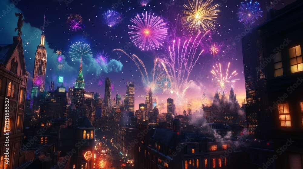 Naklejka premium Night city skyline with vibrant fireworks display.