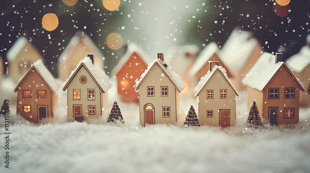Fototapeta premium Festive miniature village in snowy scene.