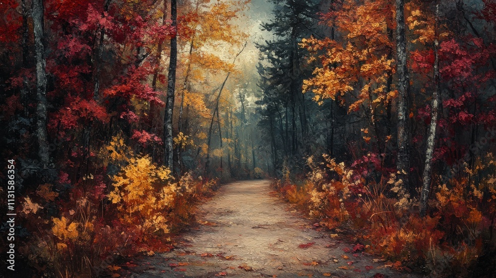 Fototapeta premium Forest path with a mix of red and yellow leaves