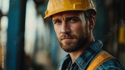 German man with a construction helmet, looking strong