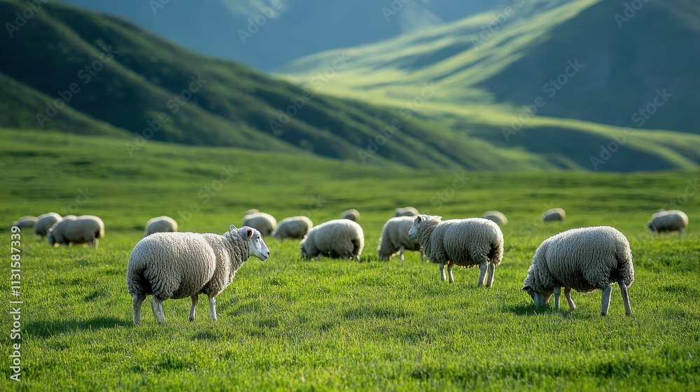 Fototapeta premium Green pasture with grazing sheep