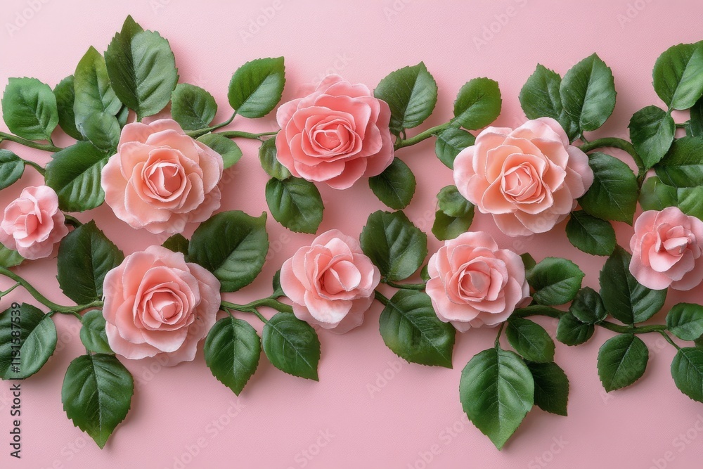 Fototapeta premium Beautiful arrangement of pink roses with green leaves on a soft pink background