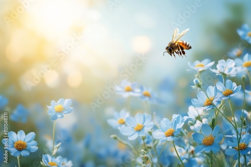 Fototapeta Naklejka Na Ścianę i Meble -  Close up of a bee gathering nectar from blue flowers in a sunny meadow during spring