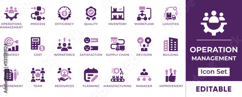 Operations Management Icon Set. editable icons for operations management, process, efficiency, quality, and more. Perfect for businesses, operations managers, and project managers.
