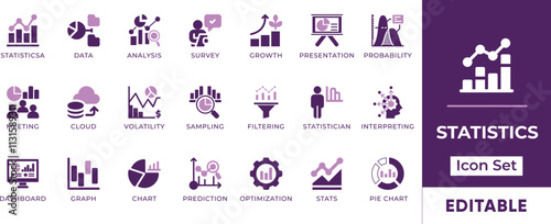 Statistics Icon Set. Features editable icons for statistics, data, analysis, survey, growth, graph, chart, presentation, and more. Perfect for data science, statistics, and research projects.