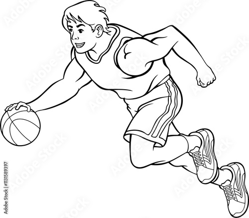 basketball player dribbling the ball line vector illustration